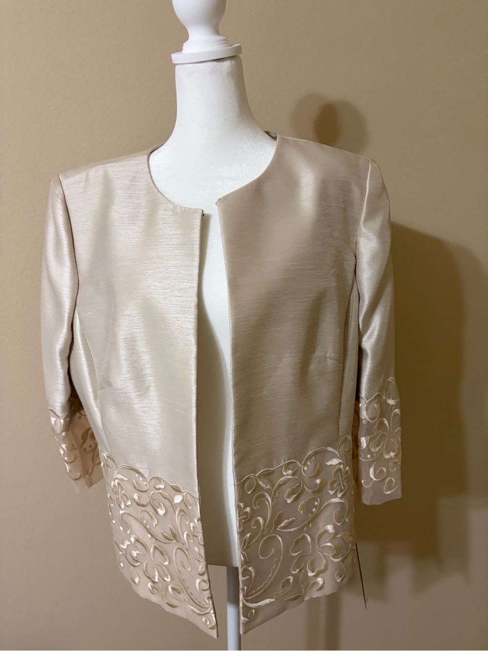 Preston & York Cream Embroidered Open-Front Jacket